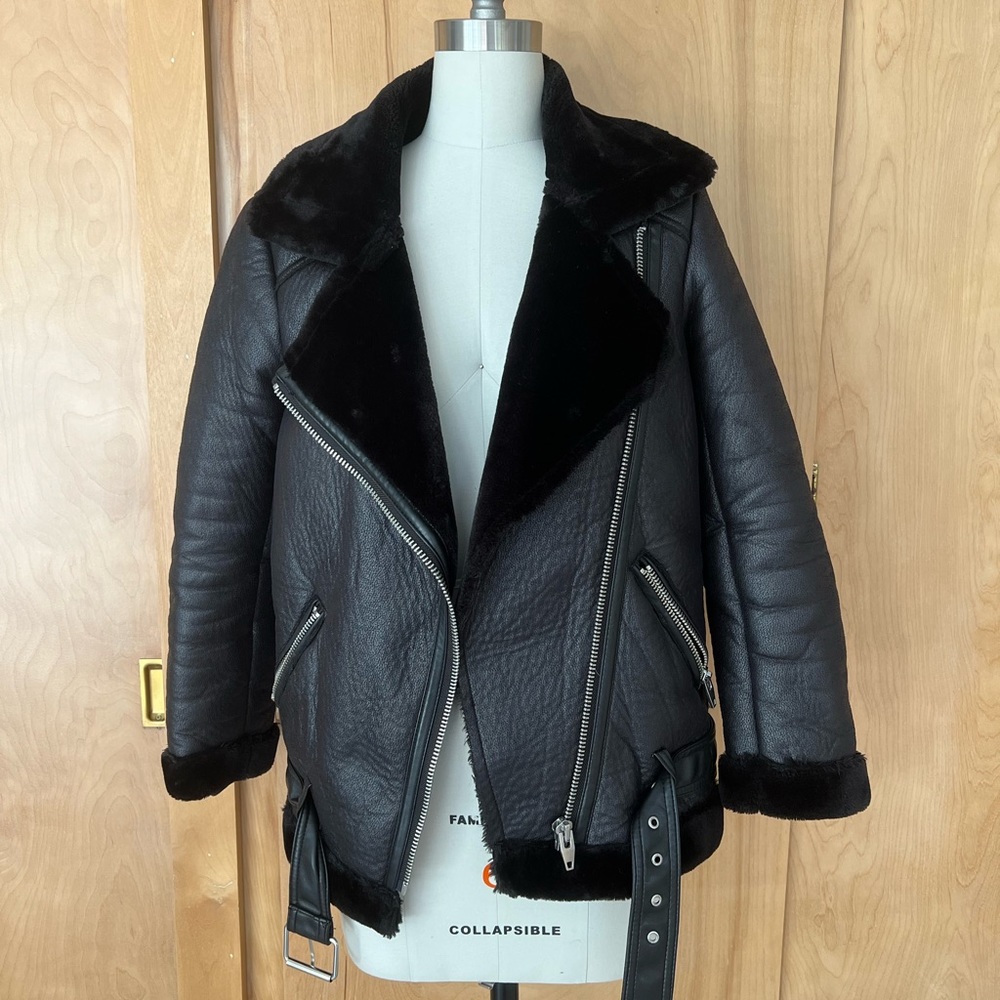 H&M oversized black faux shearling and suede Moto jacket acne studios style
